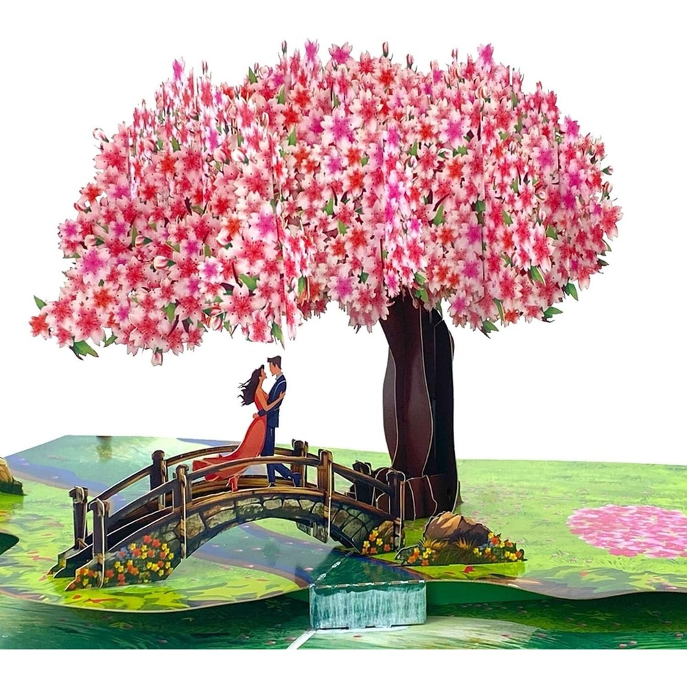 Pop Up Anniversary Cards 3D Cherry Blossom Bridge with Couple in Love, Romantic